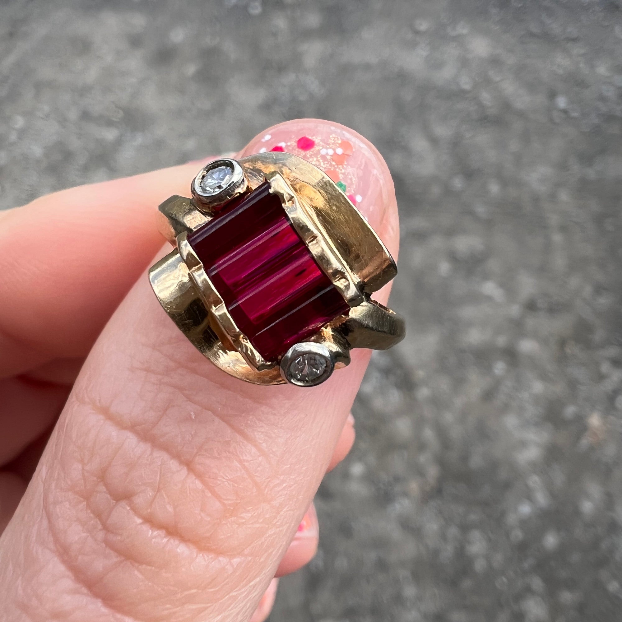 Vintage Solid Yellow Gold Ruby & Diamond Scroll Ring | Vintage Ruby Ring dunia simunovic jewelry