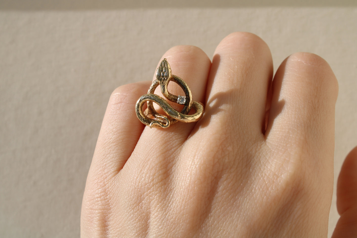 Antique 14k Solid Gold Snake Ring with Diamond