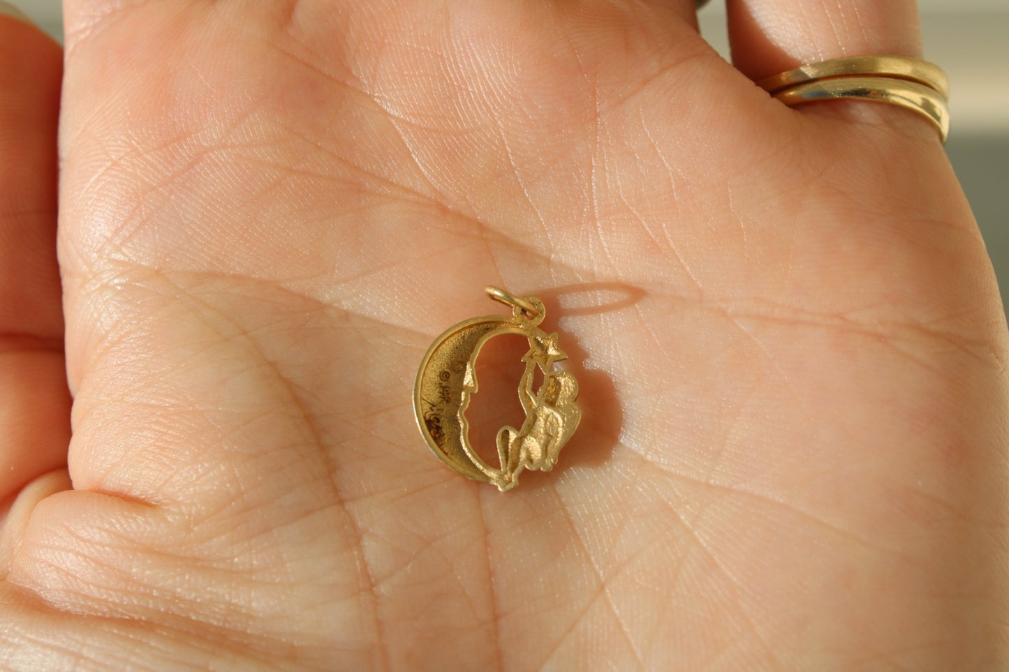 14k Yellow Vintage Gold Angel and Moon Charm