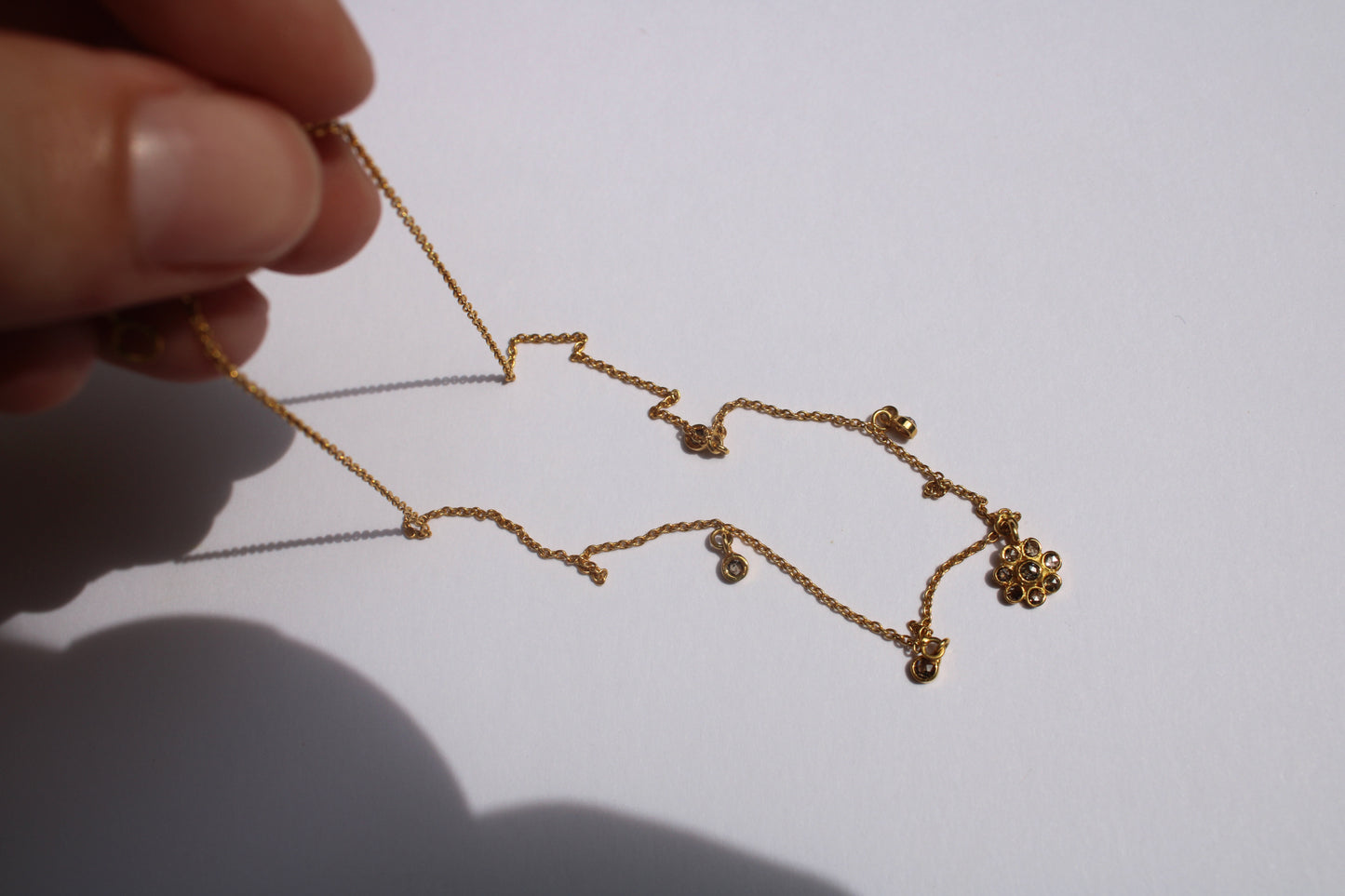 18k Solid Gold Curb Chain Necklace with Small Salt and Pepper Handcut Diamonds