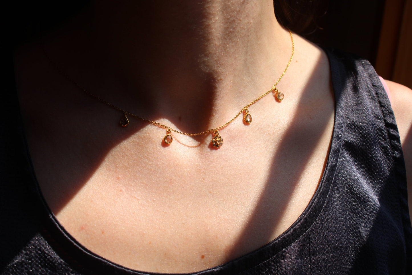 18k Solid Gold Curb Chain Necklace with Large Salt and Pepper Handcut Diamonds