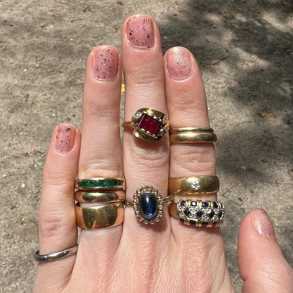 Solid Vintage Gold Half Hoop Bar Band with Channel Set Emeralds | Vintage Emerald Stacker Ring dunia simunovic jewelry