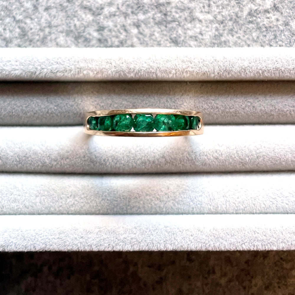 Solid Vintage Gold Half Hoop Bar Band with Channel Set Emeralds | Vintage Emerald Stacker Ring dunia simunovic jewelry