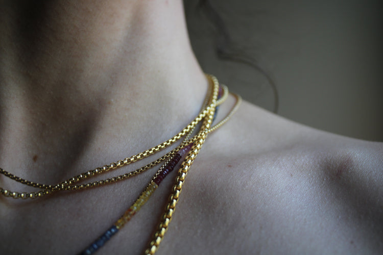 I curated a four piece collection of new gold box chains, ranging from 1.4mm to 3.8mm. These perfect solid gold layering necklaces can be worn alone, with a pendant, or all together.