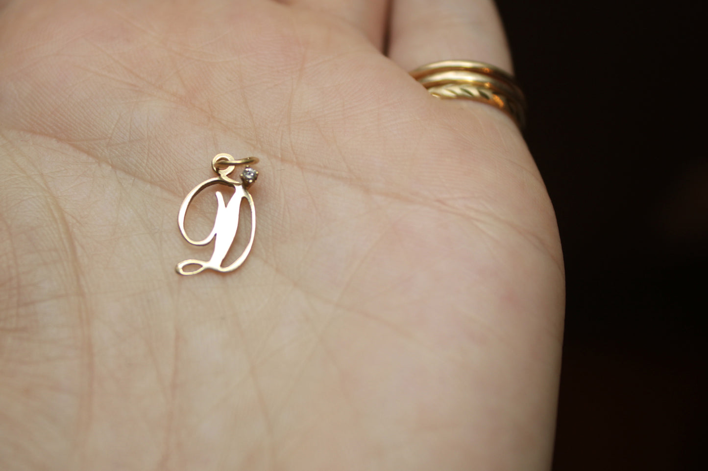 Vintage Solid 14k Yellow Gold D Letter Pendant with Baby Diamond