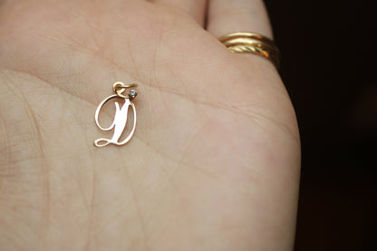 Vintage Solid 14k Yellow Gold D Letter Pendant with Baby Diamond