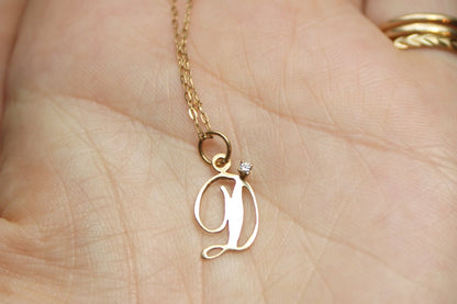 Vintage Solid 14k Yellow Gold D Letter Pendant with Baby Diamond