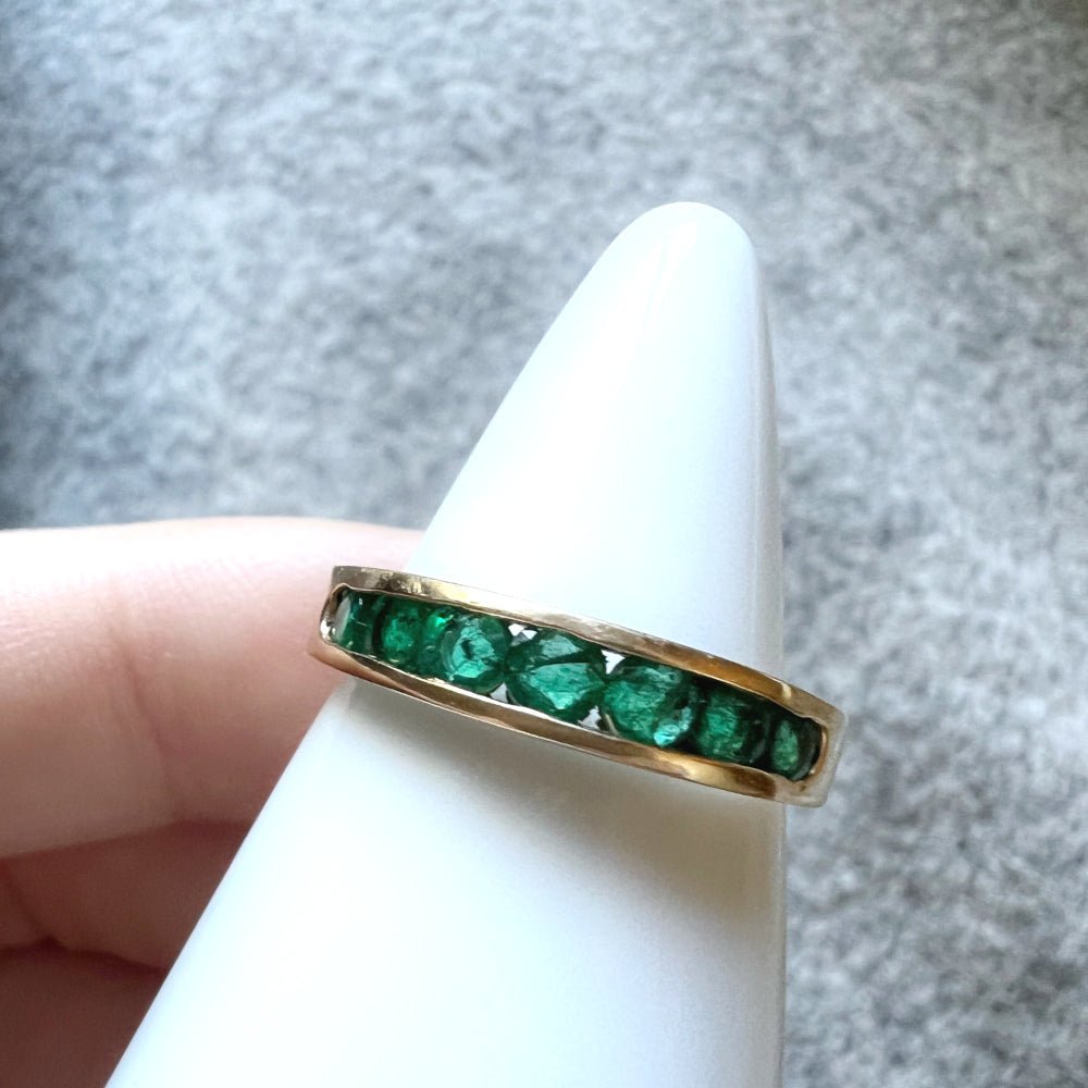 Solid Vintage Gold Half Hoop Bar Band with Channel Set Emeralds | Vintage Emerald Stacker Ring dunia simunovic jewelry
